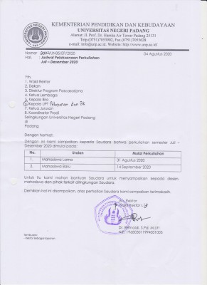 PENGUMUMAN JADWAL PELAKSANAAN PERKULIAHAN JULI-DESEMBER 2020